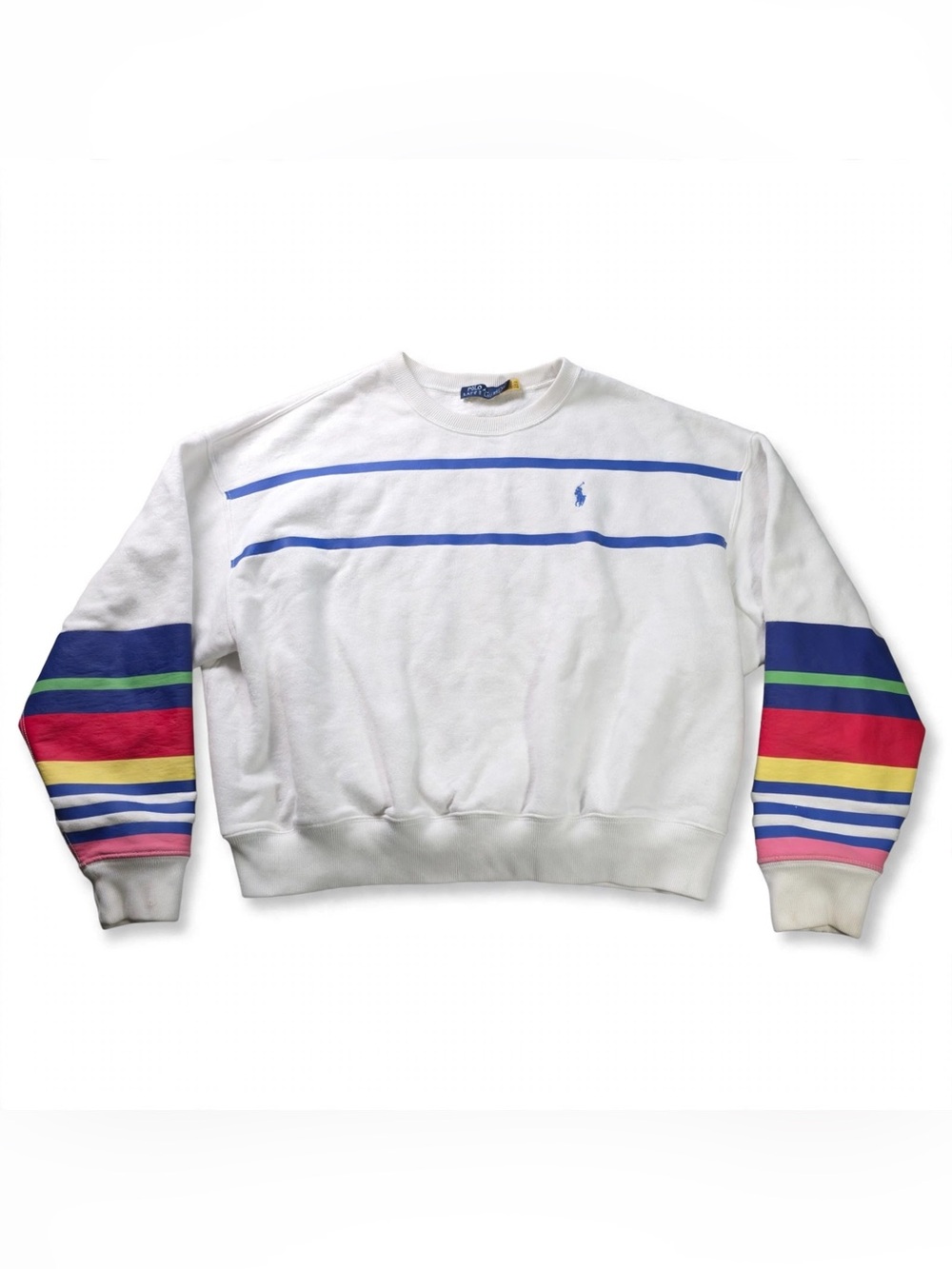 Polo Ralph Lauren Sweatshirt XL White Striped Sleeves Crewneck Pony Logo